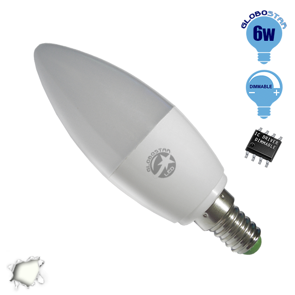 Κεράκι LED E14 6 Watt Milky Λευκό Ημέρας Dimmable GloboStar 77457