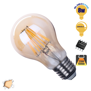 Γλόμπος LED Edison Filament Retro Μελί E27 8 Watt A60 Θερμό Dimmable GloboStar 44025