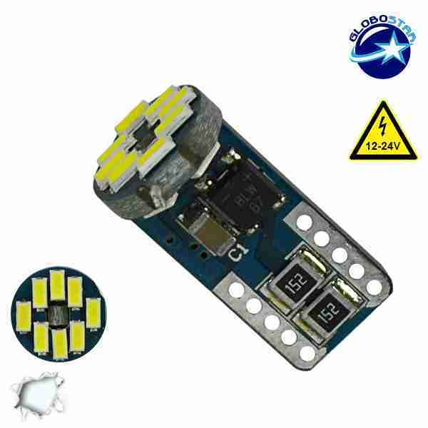 Λαμπτήρας LED T10 Can Bus με 12 SMD 3014 Samsung Chip 12v 6000k GloboStar 04482