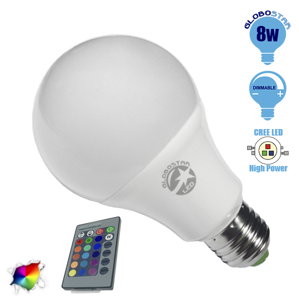 Λαμπτήρας LED E27 Γλόμπος 8 Watt 220 Volt RGB με Ασύρματο Χειριστήριο GloboStar 88964