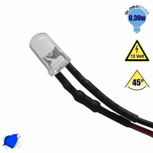 LED 5mm 45 Μοίρες με Καλώδιο 20cm 12 Volt Μπλε GloboStar 33366