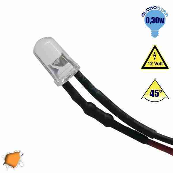LED 5mm 45 Μοίρες με Καλώδιο 20cm 12 Volt Πορτοκαλί GloboStar 33365