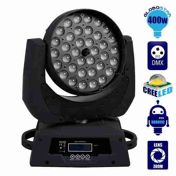 Κινούμενη Ρομποτική Κεφαλή WASH 36 x 10 Watt CREE LED RGBW Zoom 12°-75° GloboStar 51116