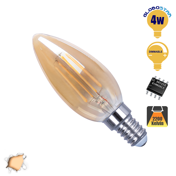 Κεράκι LED Edison Filament Retro Μελί E14 4 Watt c35 Θερμό Dimmable GloboStar 44020