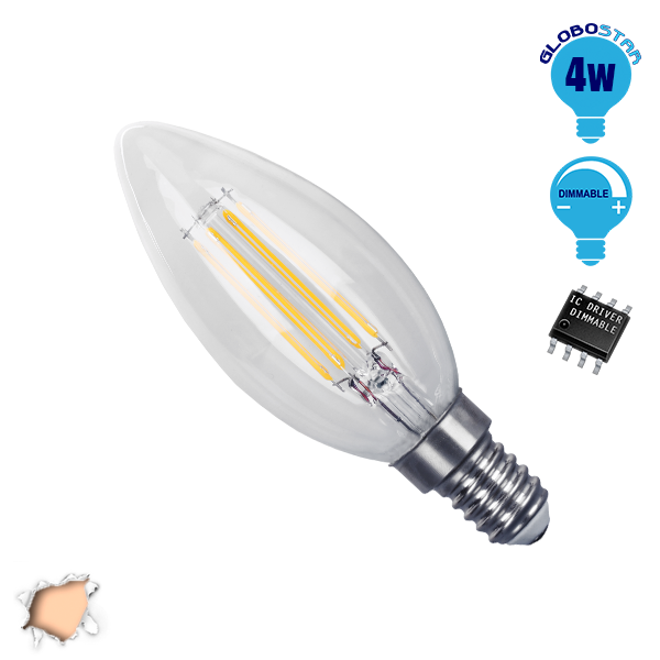 Κεράκι LED Edison Filament Retro E14 4 Watt c35 Θερμό Dimmable GloboStar 44002
