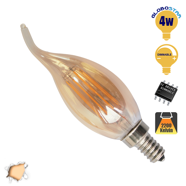 Κεράκι Φλόγα LED Edison Filament Retro Μελί E14 4 Watt c35t Θερμό Dimmable GloboStar 44021