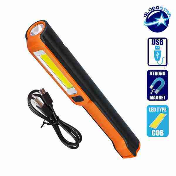 Φορητός Φακός με Μπαταρίες PEN COB LED και φορτιστή USB Πορτοκαλί Χρώμα GloboStar 07006