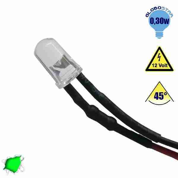 LED 5mm 45 Μοίρες με Καλώδιο 20cm 12 Volt Πράσινο GloboStar 33367