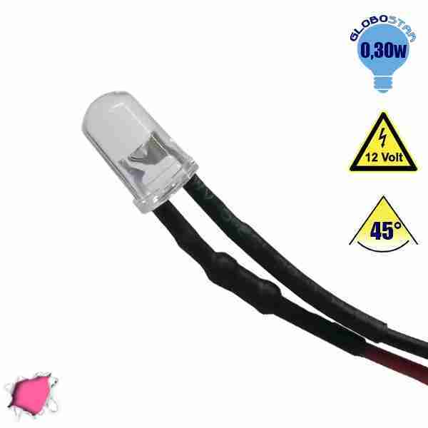 LED 5mm 45 Μοίρες με Καλώδιο 20cm 12 Volt Ροζ GloboStar 33371