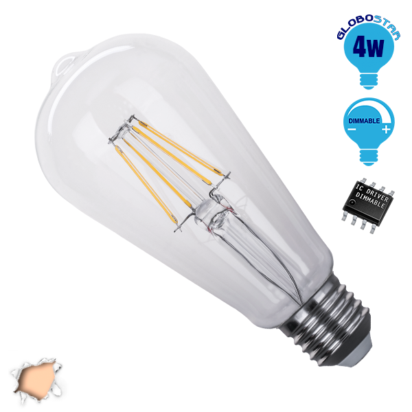 Γλόμπος LED Edison Filament Retro E27 4 Watt ST64 Θερμό Dimmable GloboStar 44018