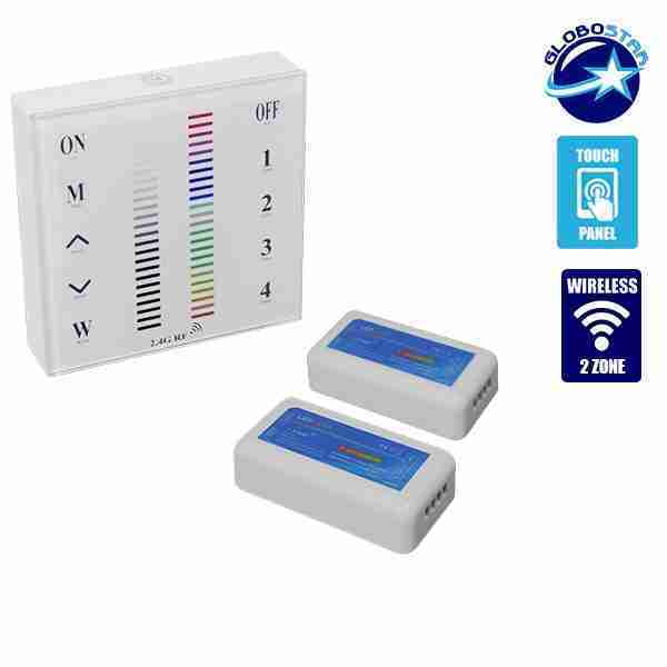 Σετ Ασύρματο RF 2.4G LED Controller Τοίχου Αφής RGB 12-24 Volt 288/576 Watt για Δύο Group GloboStar 04052