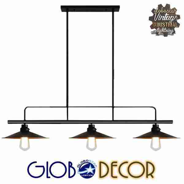 Vintage Industrial Φωτιστικό Οροφής Τρίφωτο Μαύρο Ράγα GloboStar BILLIARD BLACK 01009