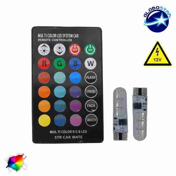 Σετ 2 Τεμάχια T10 6 SMD 5050 RGB με Ασύρματο Χειριστήριο GloboStar 54345