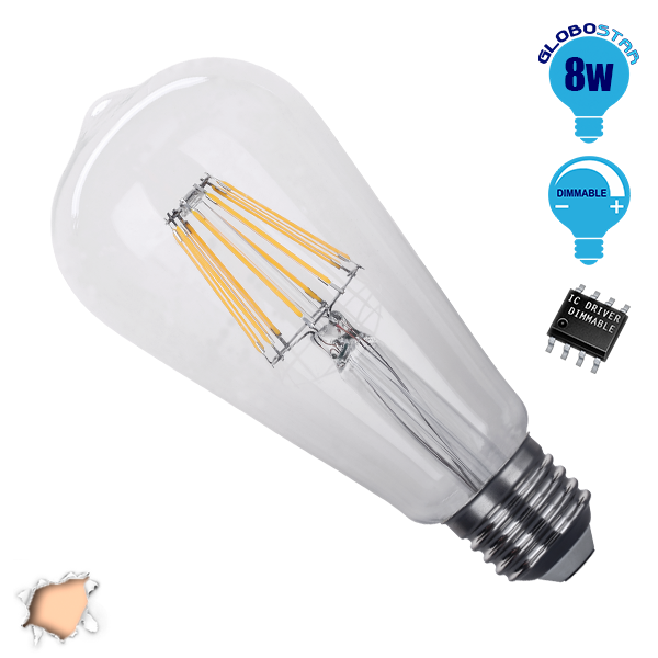 Γλόμπος LED Edison Filament Retro E27 8 Watt ST64 Θερμό Dimmable GloboStar 44013