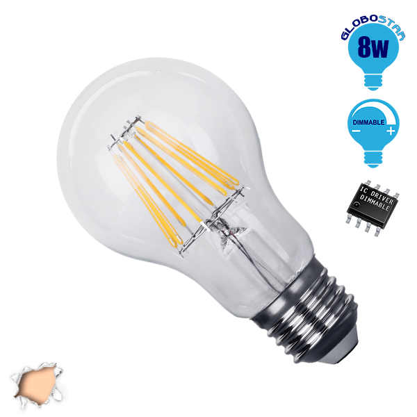 Γλόμπος LED Edison Filament Retro E27 8 Watt A60 Θερμό Dimmable GloboStar 44010