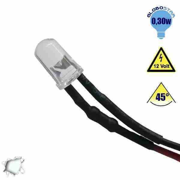 LED 5mm 45 Μοίρες με Καλώδιο 20cm 12 Volt Ψυχρό Λευκό GloboStar 33369