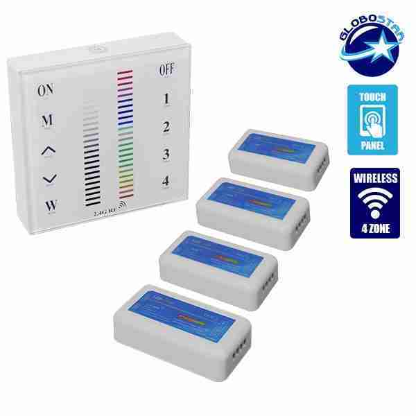 Σετ Ασύρματο RF 2.4G LED Controller Τοίχου Αφής RGB 12-24 Volt 576/1152 Watt για Τέσσερα Group GloboStar 04054