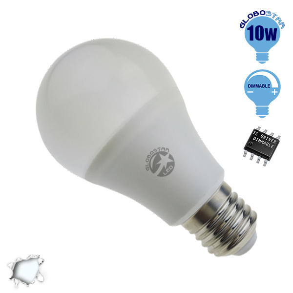 Γλόμπος LED A60 με βάση E27 10 Watt 230v Ψυχρό Dimmable GloboStar 01727