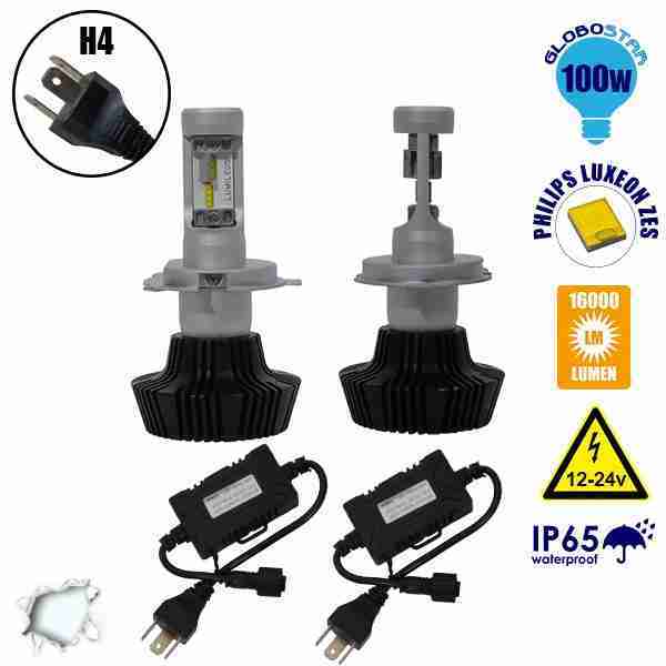 LED HID KIT H4 Extreme Version Philips Luxeon Zes Chip 100 Watt 16000 Lumens DC 12-24 Volt 6000k GloboStar 98702