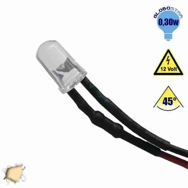 LED 5mm 45 Μοίρες με Καλώδιο 20cm 12 Volt Θερμό Λευκό GloboStar 33368