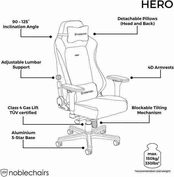 noblechairs HERO Pure Leather Gaming Chair - cold foam, steel armrests,  60mm casters, 150kg - black - Image 8