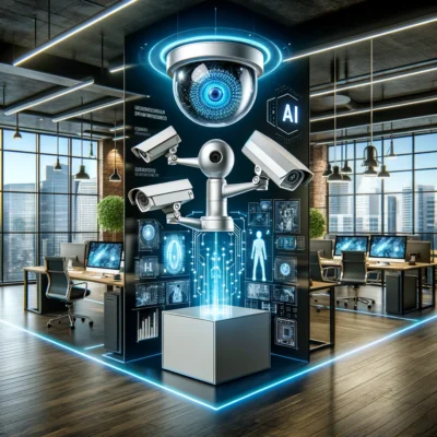 DALL·E 2024-02-12 15.57.53 - A modern business environment showcasing advanced AI-powered IP cameras for security. The image should depict a high-tech surveillance system with fea 1 Ανακαλύψτε πώς οι κάμερες IP με δυνατότητες AI αναβαθμίζουν την επιχειρηματική ασφάλεια, προσφέροντας προηγμένη επιτήρηση και προληπτική προστασία.