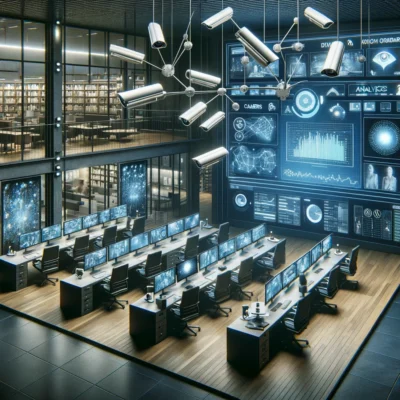DALL·E 2024-02-16 17.06.06 - Create an illustration showing a modern office or business environment equipped with advanced CCTV technology. The scene should highlight various comp 1 Μεταμόρφωση Επιχειρηματικής Ασφάλειας: Η Δύναμη του CCTV στην Ψηφιακή Εποχή