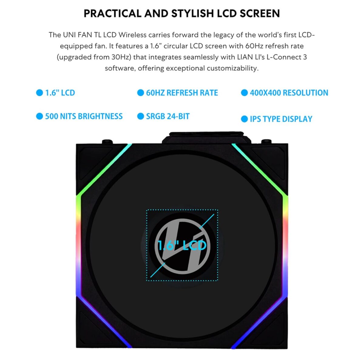 Lian Li UNI FAN TL-LCD Wireless Reverse 140 Black (1pc) Case Fan – No Controller Included