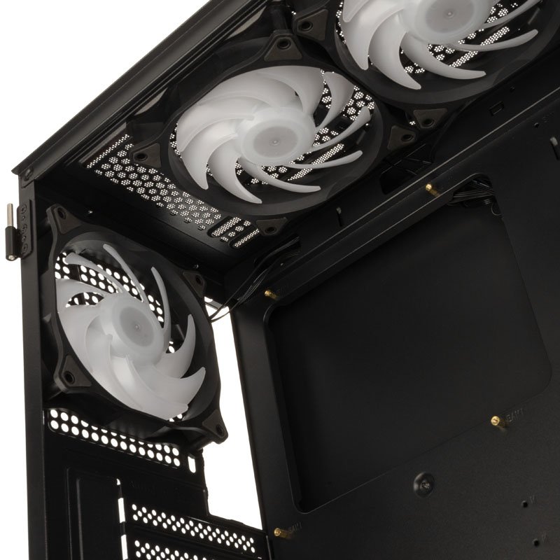 Kolink Observatory HF Plus Mesh ARGB PWM Midi Tower Case Black with 6x ARGB PWM Fans (5x140mm 1x120) 3 5 mm και λειτουργικό μπροστινό πάνελ από πλέγμα. Αυτό το μοντέλο διαθέτει ένα πλήρως ανοιγόμενο πλευρικό πάνελ από Tempered Glass